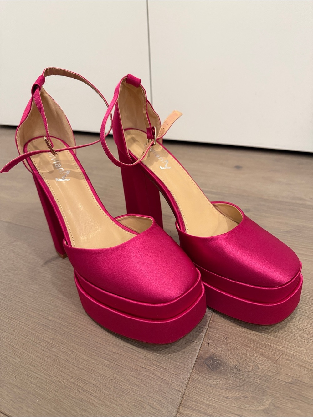 Vivianly Satin Pink Platform Block Heels